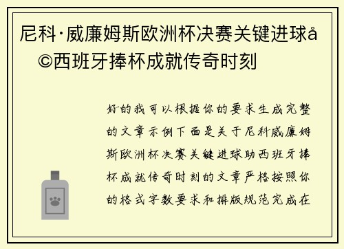 尼科·威廉姆斯欧洲杯决赛关键进球助西班牙捧杯成就传奇时刻